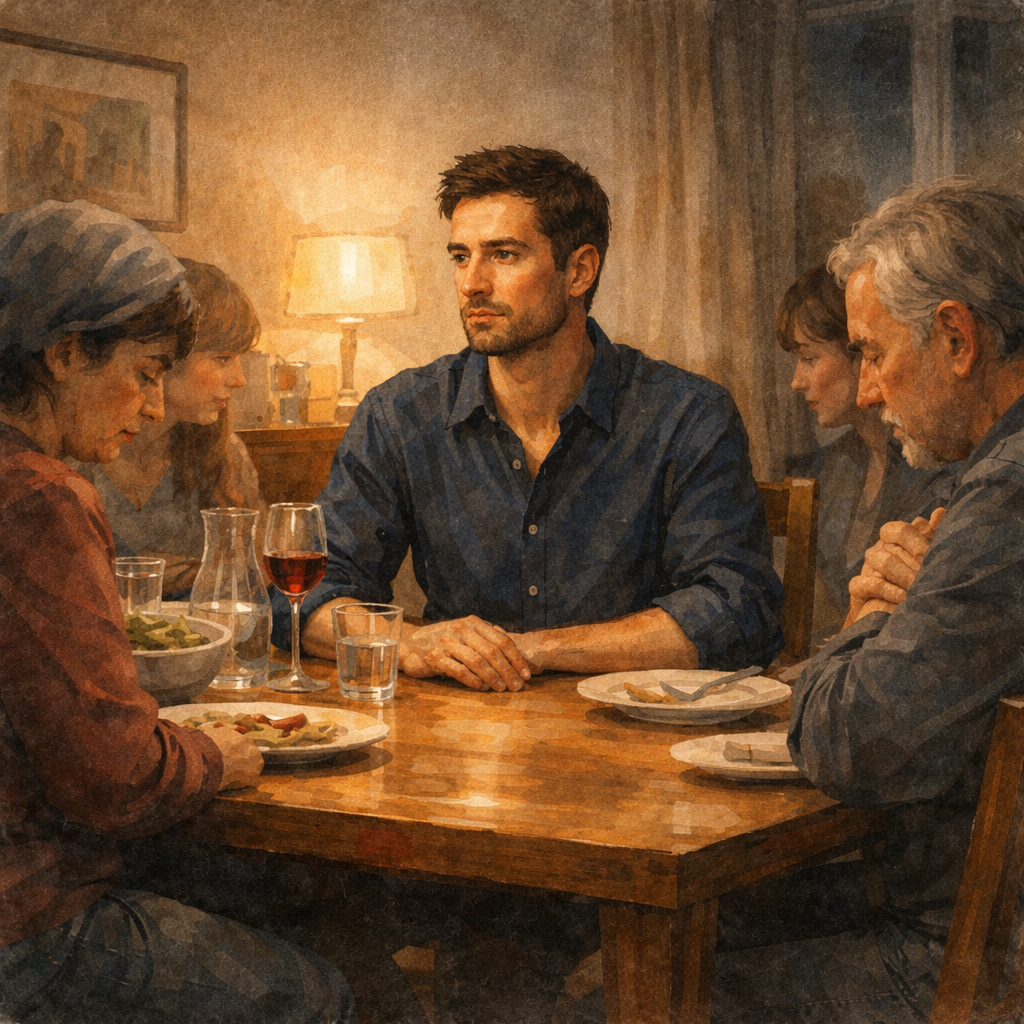 Illustration d'une Nouvelle littéraire située en France dans les années 2020, explorant la pression familiale et la réconciliation par la douceur, l’Amana et la Sulhie.