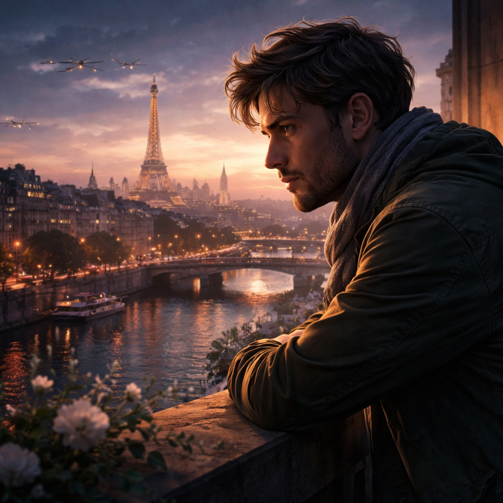 Illustration d'une Nouvelle littéraire puissante située à Paris dans les années 2030, explorant la guérison de la blessure d’être né d’un viol par l’Amana et la Sulhie.