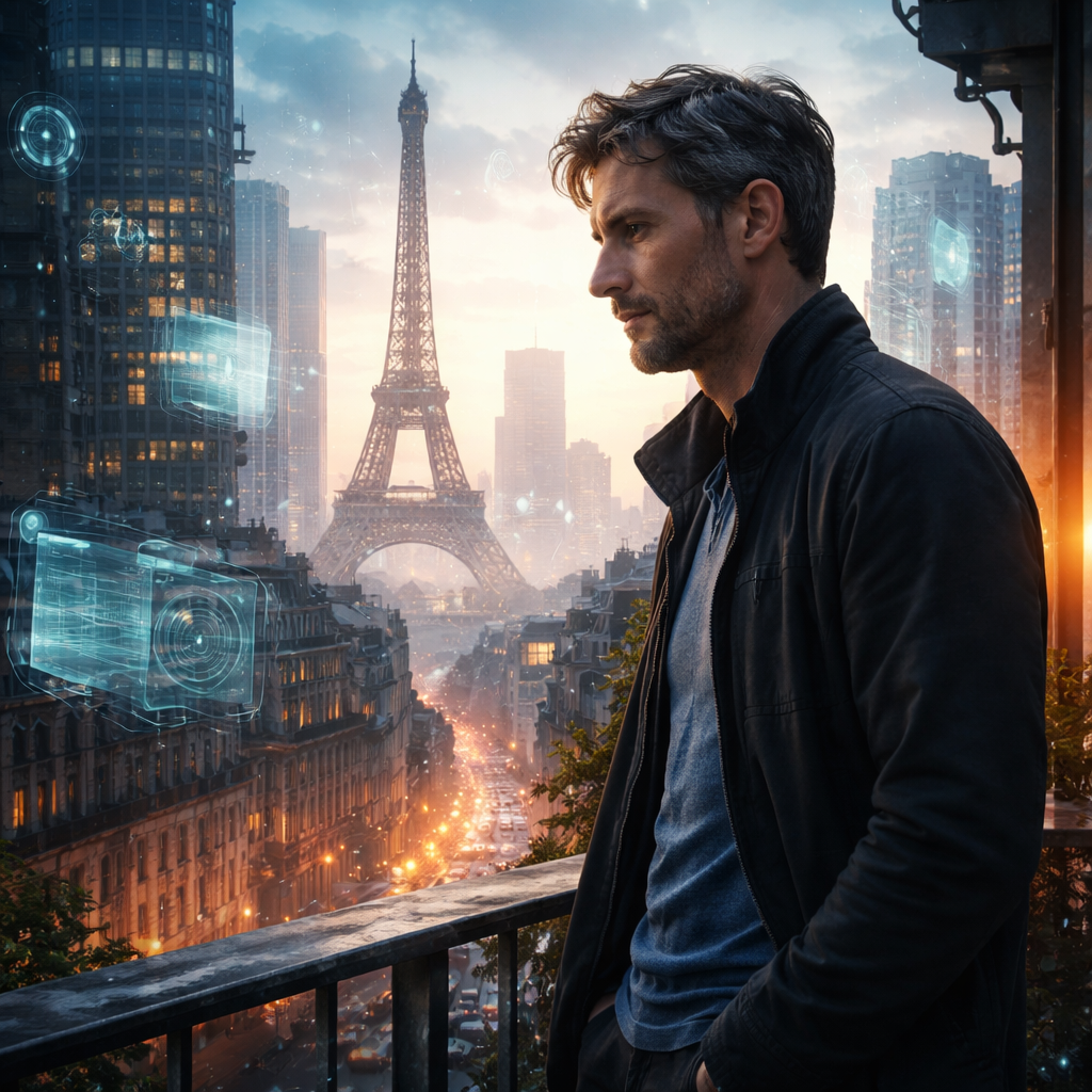 Illustration d'une Nouvelle littéraire située à Paris en 2043 sur le vol d’identité, la reconstruction intérieure et la guérison par l’Amana et la Sulhie, entre vigilance et douceur.