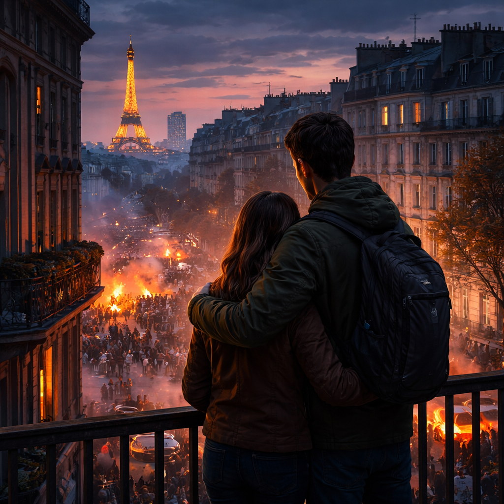 Illustration d'une Nouvelle percutante à Paris en 2019 sur survivre aux troubles civils : peur, limites, Amana et Sulhie, guérison émotionnelle, solidarité retrouvée.