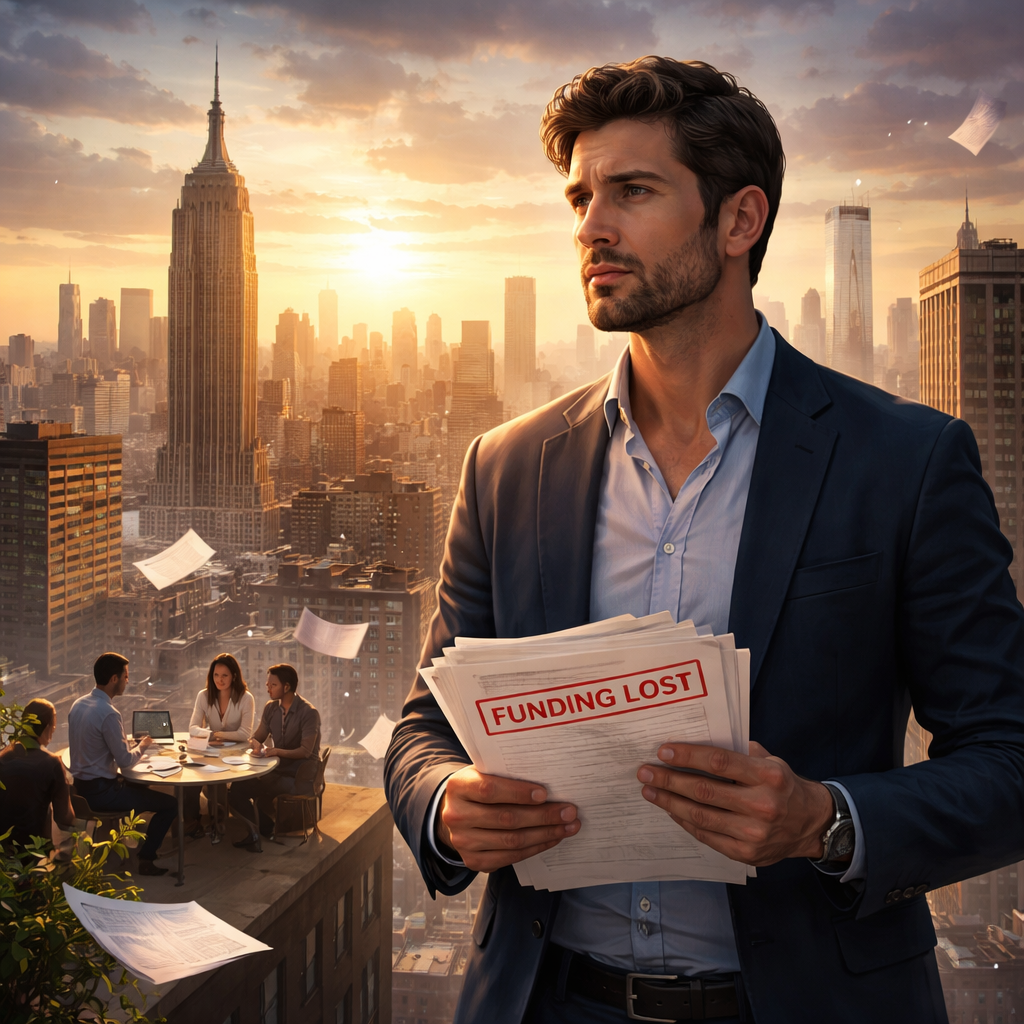 Illustration d'une Nouvelle percutante à New York, où un entrepreneur perd un financement crucial et traverse un conflit intérieur profond pour sauver son projet sans trahir ses valeurs.