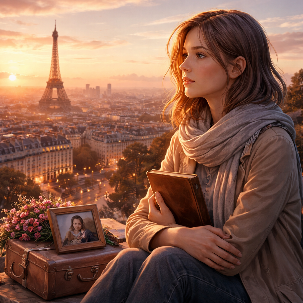 Illustration d'une Nouvelle littéraire à Paris en 2025, où Camille guérit la perte de son père grâce à l’Amana et la Sulhie, apprenant à aimer sans fuir ni se trahir.