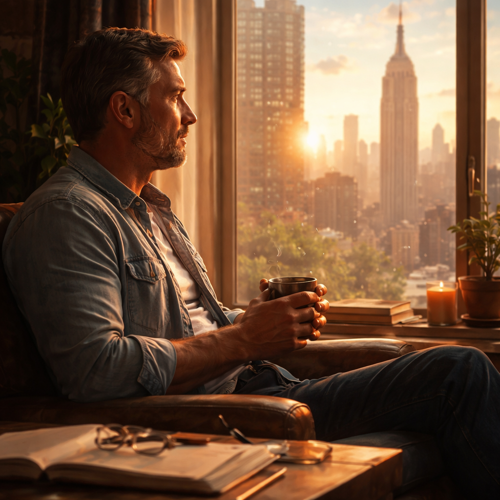 Illustration d'une Nouvelle à New York en 1994, un homme affronte la peur de la mort après un diagnostic. Par l’Amana et la Sulhie, il transforme l’angoisse en force vivante.