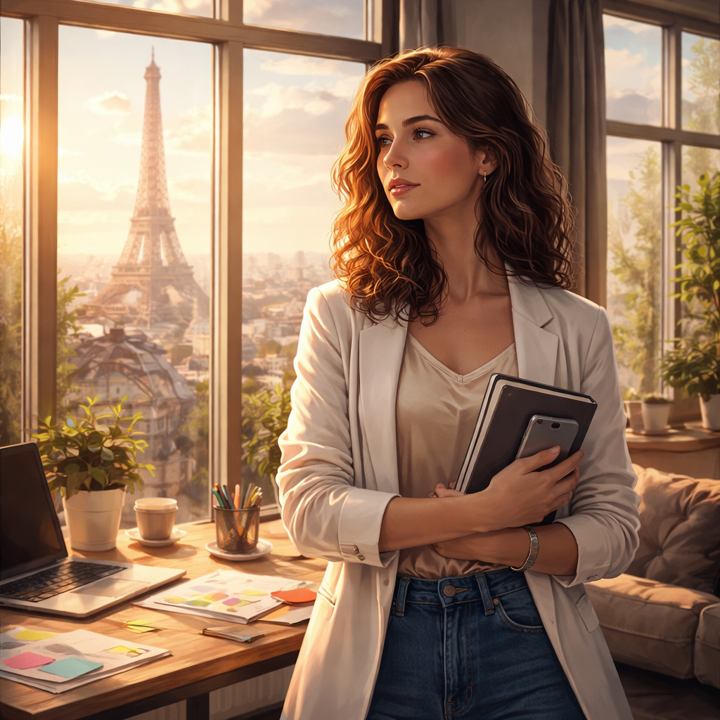 Illustration d'une Nouvelle littéraire à Paris, où une jeune entrepreneure apprend à ne plus craquer sous la pression grâce à l’Amana et la Sulhie, et transforme sa peur en force fidèle.