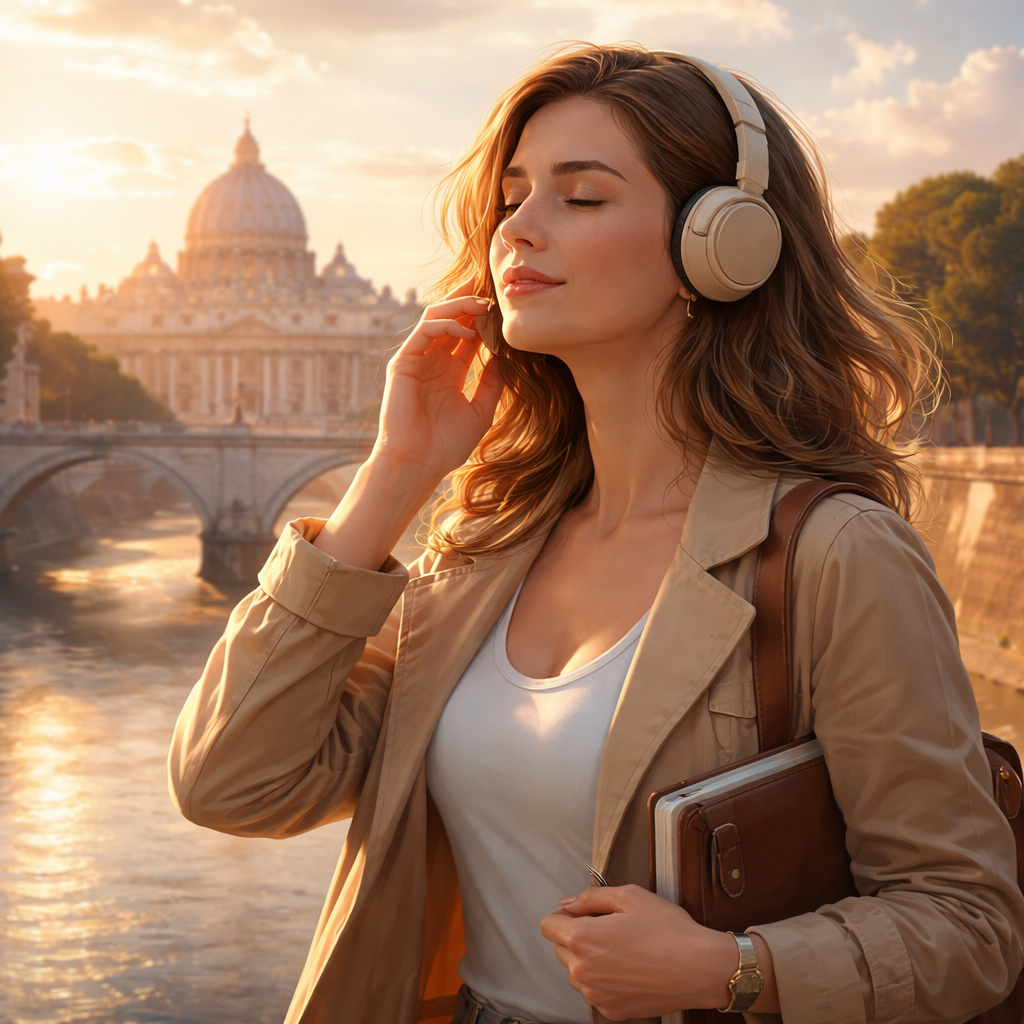 Illustration d'une Nouvelle littéraire à Rome, où une ingénieure du son devenue malentendante transforme sa blessure en force grâce à l’Amana et la Sulhie, et renaît dans le silence.