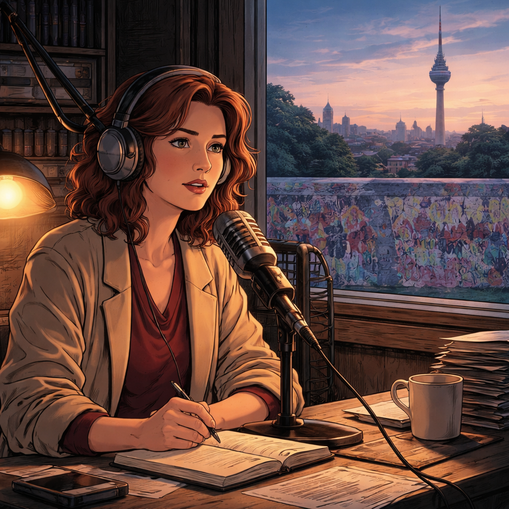 Illustration des Nouvelle intense à Berlin, 1985. À la radio, Hanna affronte sa peur du conflit et découvre l’Amana et la Sulhie pour dire la vérité sans se trahir.