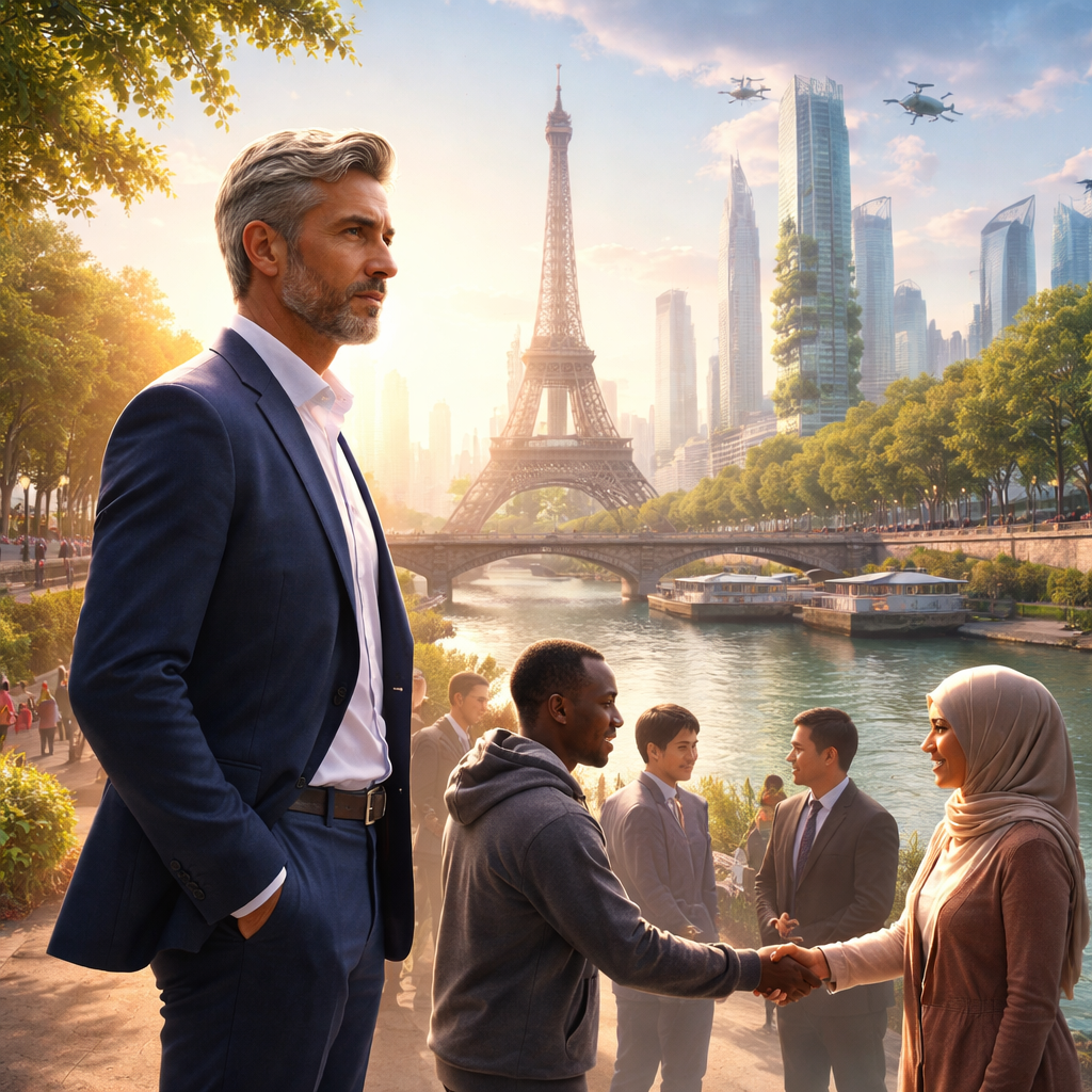 Illustration d'une Nouvelle percutante à Paris en 2043, où un dirigeant affronte sa peur d’un profil redouté et la transforme par l’Amana et la Sulhie en force de réconciliation et d’unité.