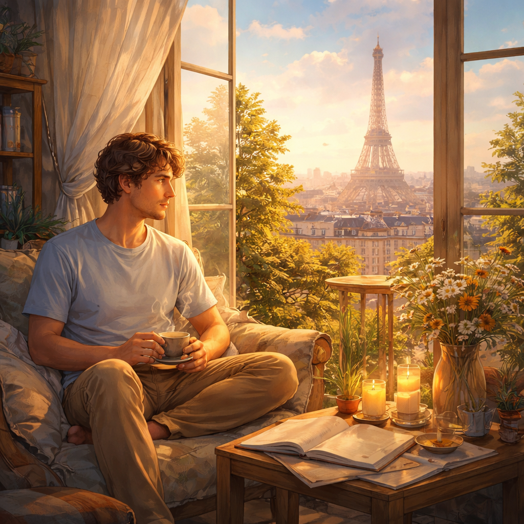 Illustration d'une Nouvelle littéraire située à Paris en 2026 sur la lutte avec un trouble mental, la guérison intérieure, les limites, la douceur et la réconciliation de soi.