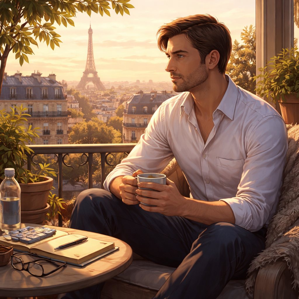 Illustration d'une Nouvelle percutante à Paris en 2025, où un cadre ambitieux affronte la maladie et résout son conflit intérieur grâce à l’Amana et la Sulhie, vers une force durable.