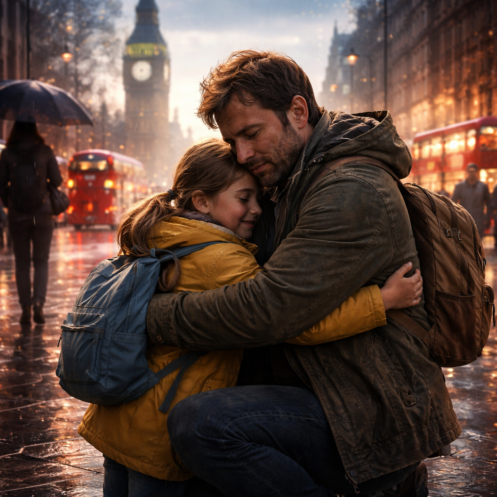 Illustration d'une Nouvelle littéraire à Londres, où un père brisé tente de se relever pour sa fille. Une nouvelle puissante sur la seconde chance, l’Amana, la Sulhie et la force du lien humain.