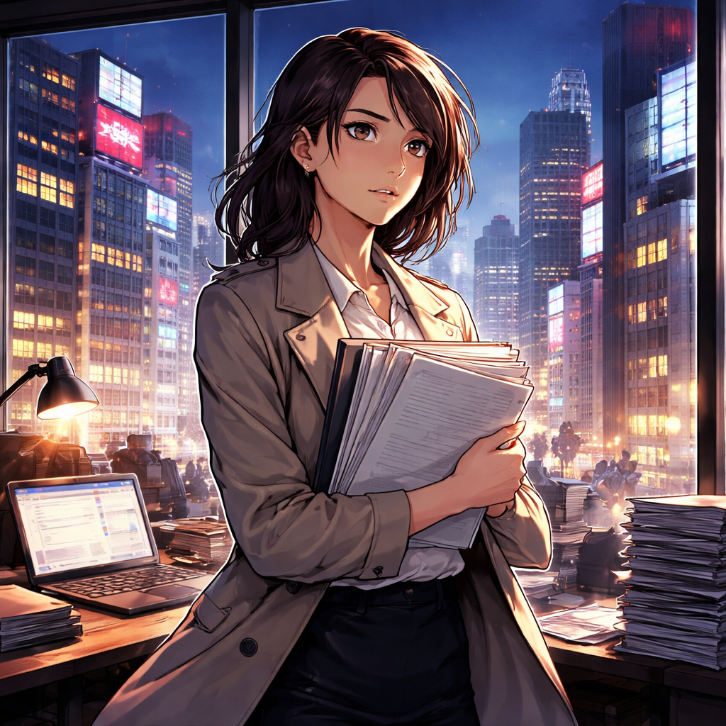 Illustration d'une Nouvelle littéraire à Tokyo, où une employée découvre une fraude et choisit de faire ce qui est juste. Une nouvelle intense sur le courage moral, l’Amana et la Sulhie.