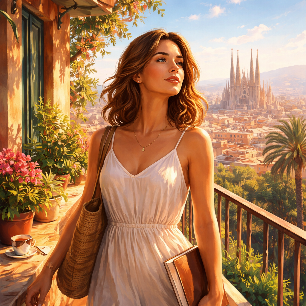 Illustration d'une Nouvelle à Barcelone sur la quête d’authenticité : une femme apprend à assumer son vrai soi grâce à l’Amana et la Sulhie, entre amour, courage et vérité intérieure