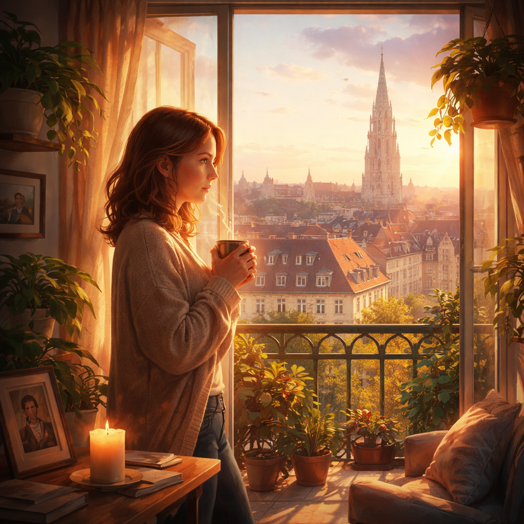 Illustration d'une Nouvelle intense située à Bruxelles : une femme apprend à survivre à une perte profonde en appliquant l’Amana et la Sulhie pour retrouver amour, dignité et vie.