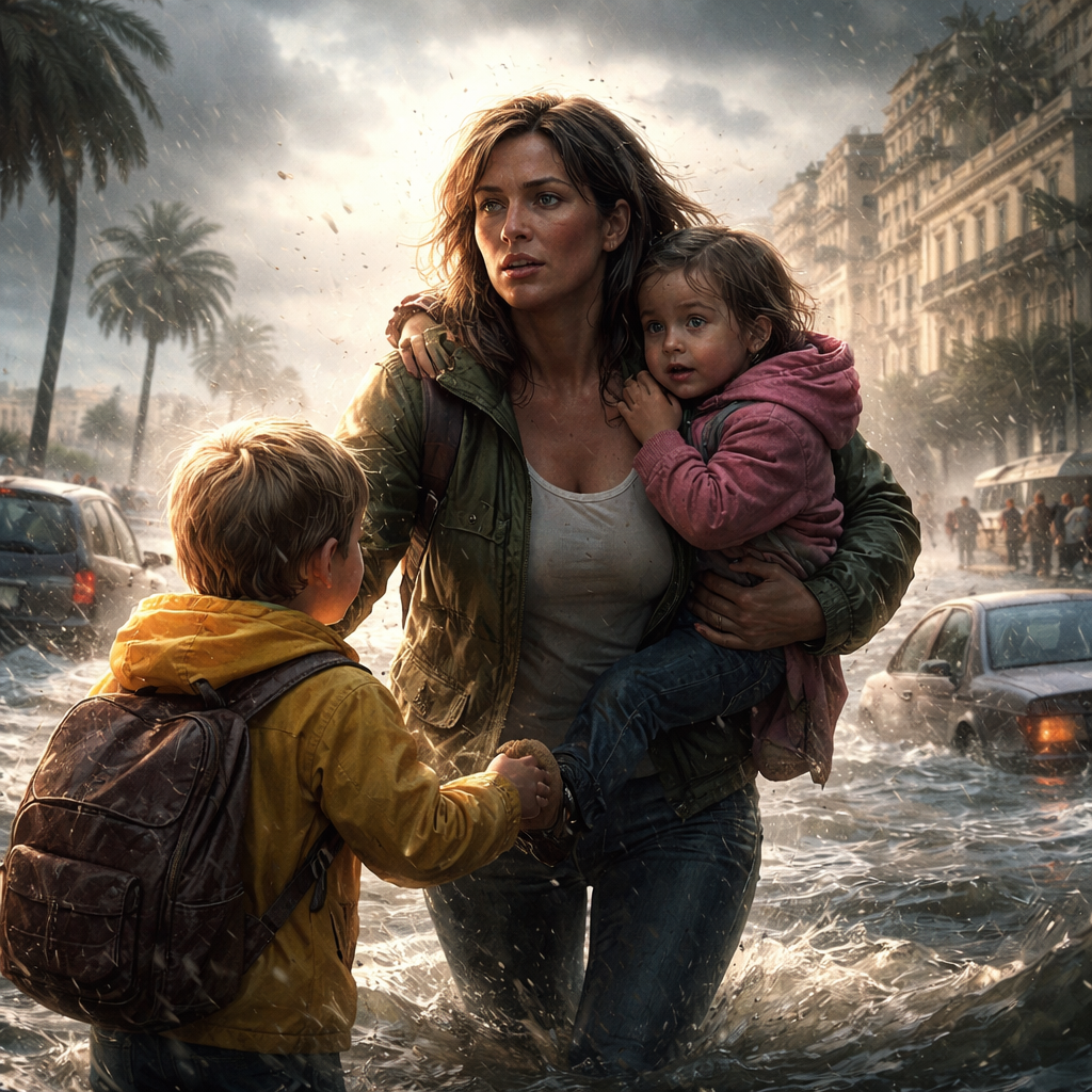 Illustration d'une Nouvelle littéraire à Nice, années 1990 : face à une catastrophe, une femme fuit pour sauver les siens. Une nouvelle intense sur l’Amana, la Sulhie et la force du lien humain.