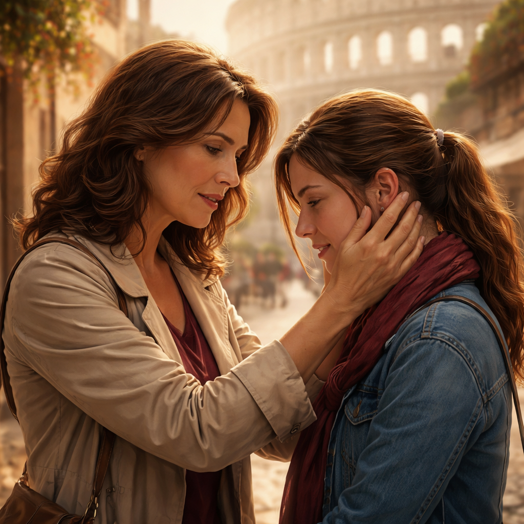 Illustration d'une Nouvelle familiale à Rome dans les années 2000, où une mère tente de se réconcilier avec sa fille grâce à l’Amana et la Sulhie, dans une histoire intense sur l’amour, la dignité et le pardon.