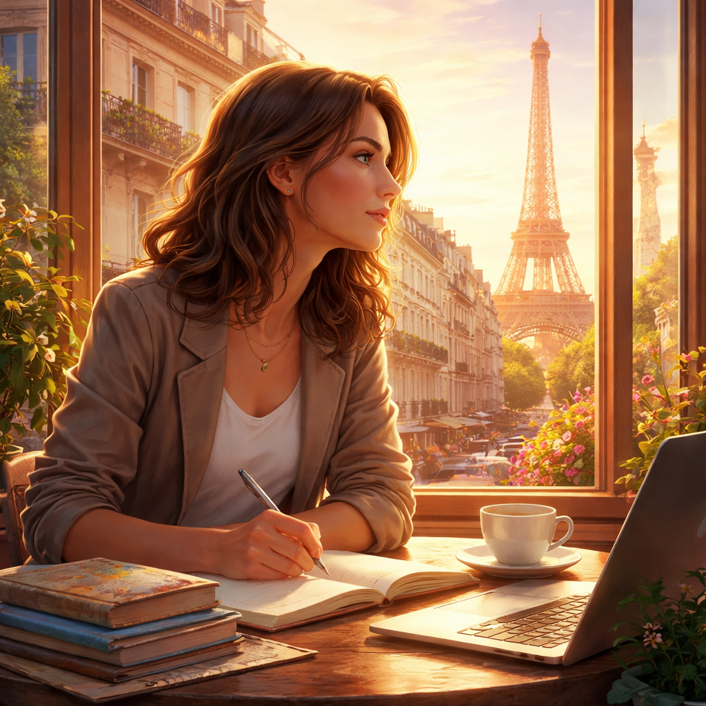 Illustration d'une Nouvelle littéraire à Paris en 2034 : une femme affronte ses peurs pour poursuivre sa passion d’écrire grâce à l’Amana et la Sulhie. Une quête de fidélité intérieure.